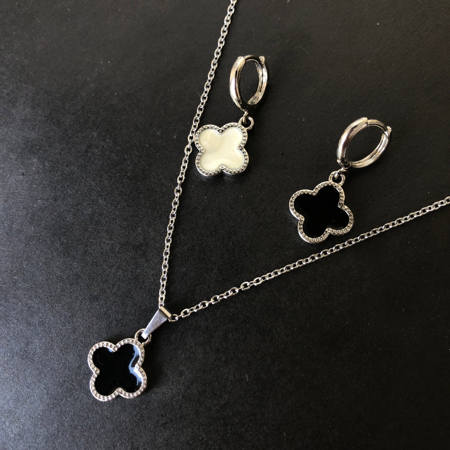 Double Sided B&W Clover Necklace & Earring Set.